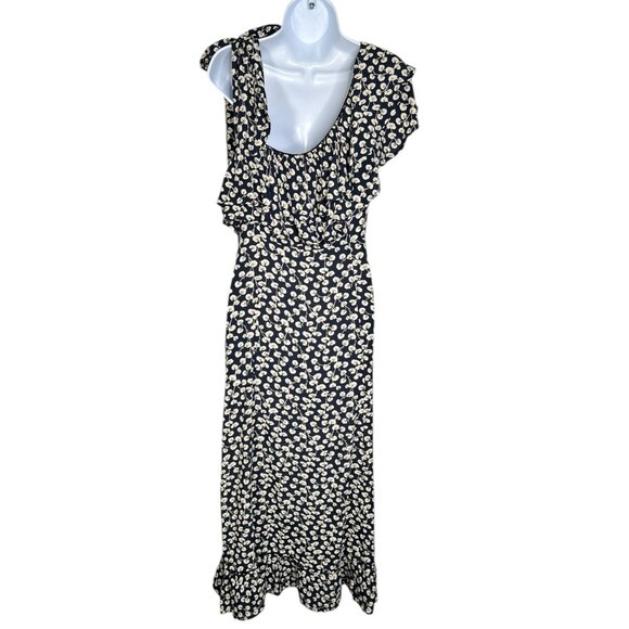 Ganni Roseburg Crepe Dress Maxi Tie Strap Total Eclipse Navy Leaf Print US 4 - Picture 14 of 16